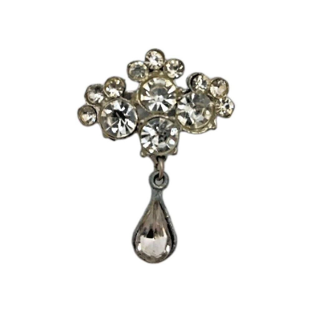 VTG AJC Rhinestone Brooch Pin Teardrop Dangle Silver Tone Costume Jewelry Goth